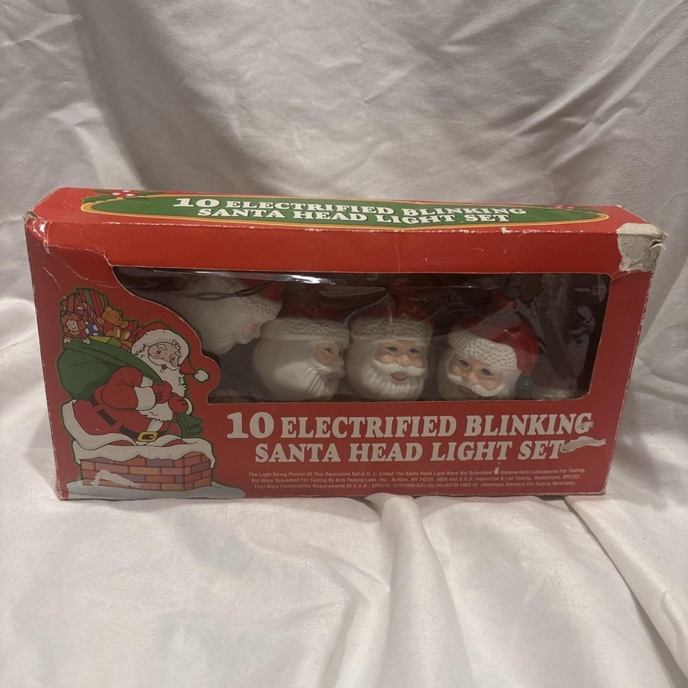 Vintage 10 Electrified Blinking Santa Head Christmas Light Set (1993) - NEW